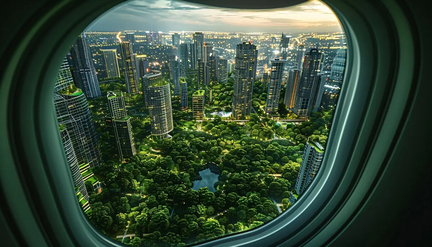 Grünes Flugzeug in umweltfreundlicher Umgebung